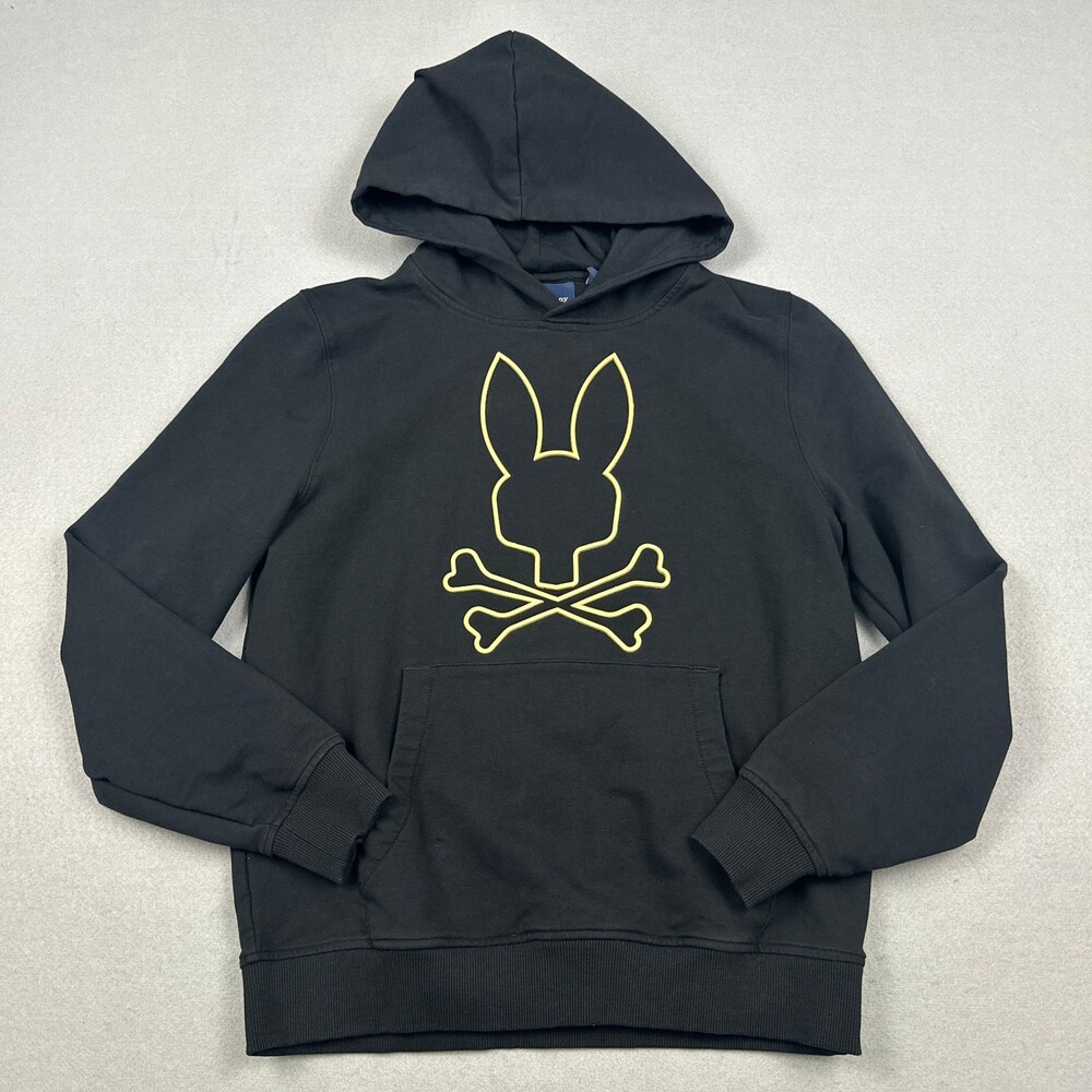 Psycho Bunny Hoodie Boys Large Black Gold Outline Bunny Fleece Sweatshirt L